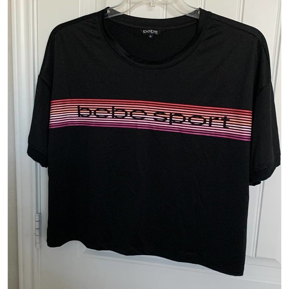 BEBE SPORT SHORT WAISTED TOP, WOMENS. XL, BLACK W/COLORFUL STRIPES ON FRONT - Picture 1 of 9